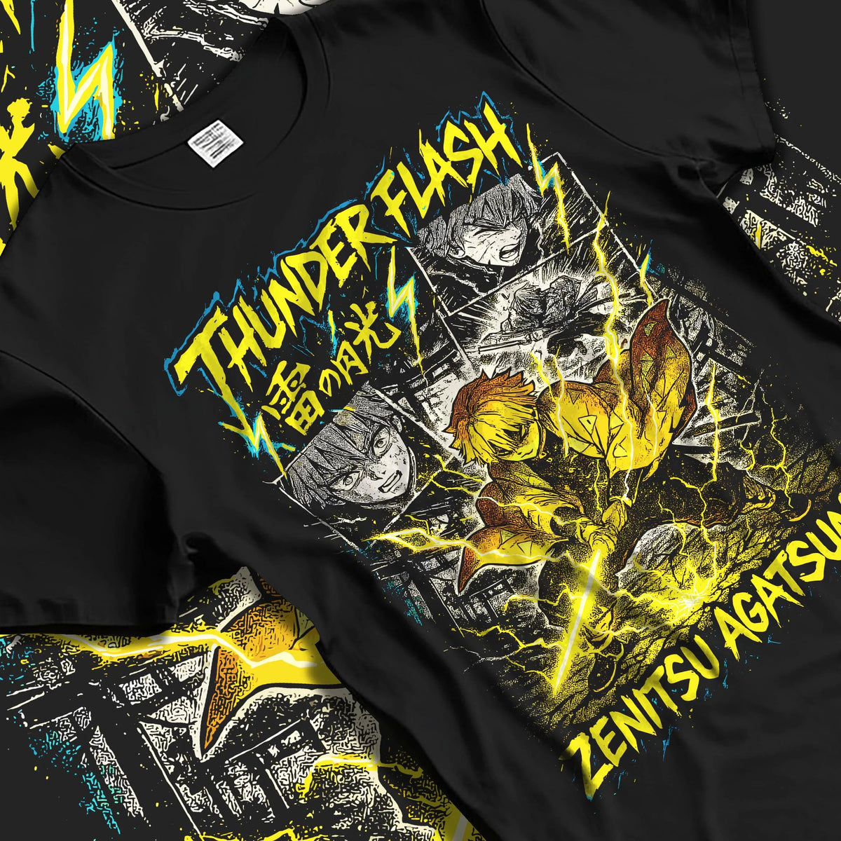 Black T-shirt laid flat with natural folds featuring Zenitsu Agatsuma thunder spark Demon Slayer artwork.