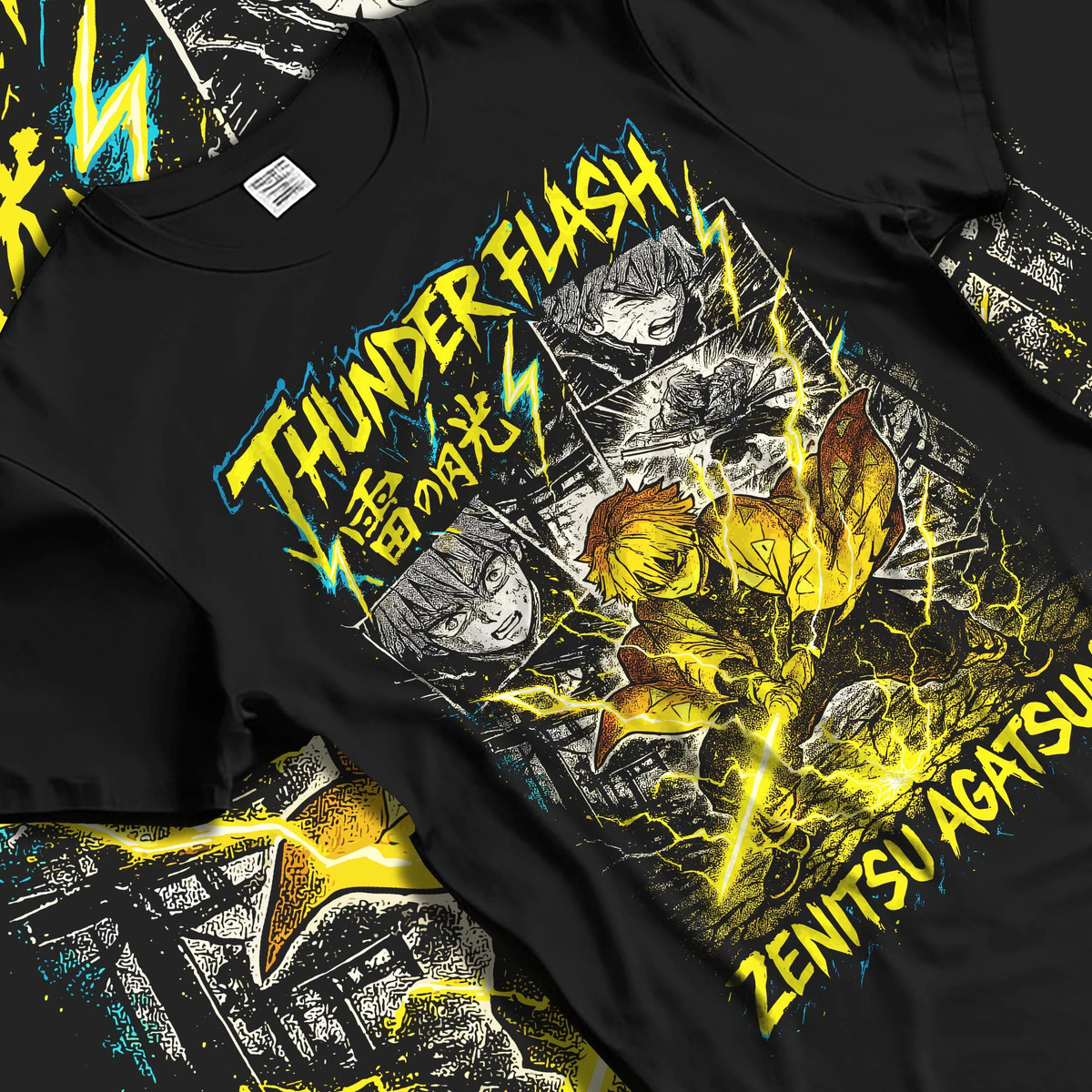 Black T-shirt laid flat with natural folds featuring Zenitsu Agatsuma thunder spark Demon Slayer artwork.