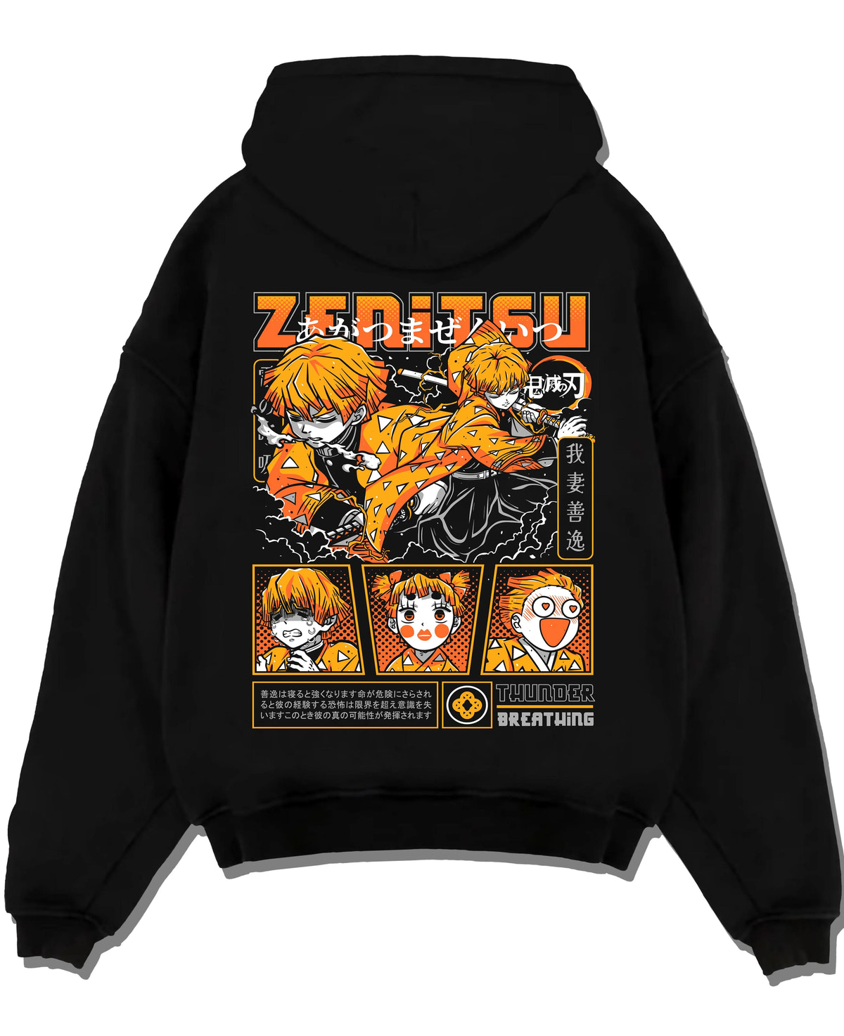 Black hoodie laid flat featuring Zenitsu Agatsuma Thunderclap and Flash Demon Slayer artwork.