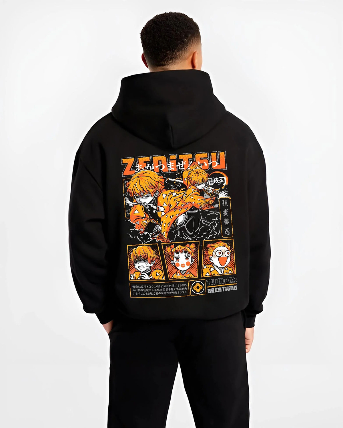 Black hoodie worn by male model from the back featuring Zenitsu Agatsuma Thunderclap and Flash Demon Slayer artwork.