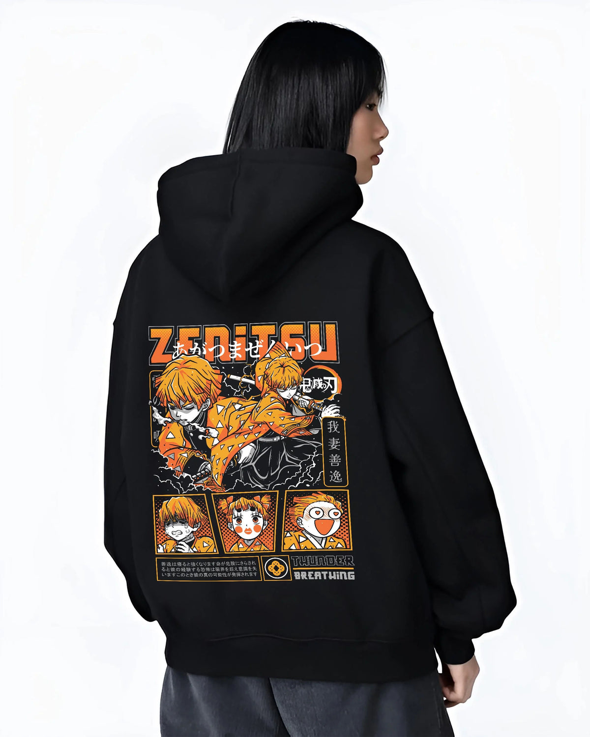 Black hoodie worn by female model from the back featuring Zenitsu Agatsuma Thunderclap and Flash Demon Slayer artwork.