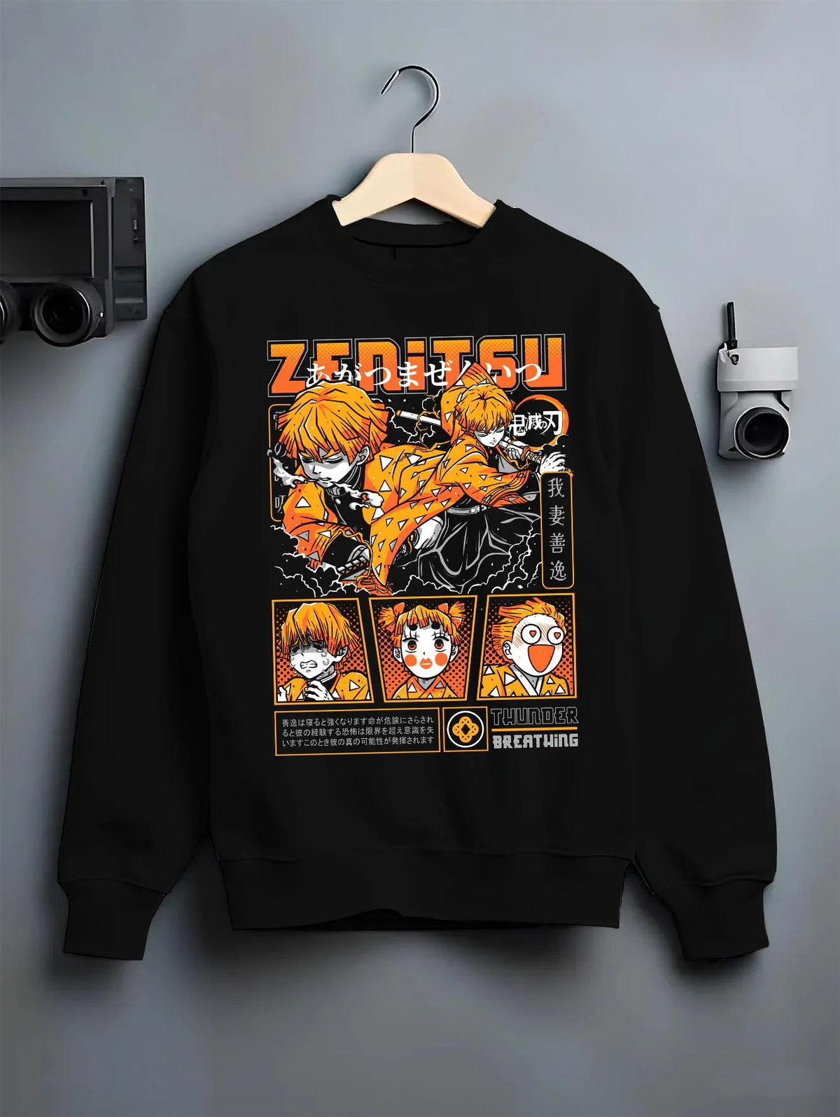 Black crewneck sweatshirt on hanger featuring Zenitsu Agatsuma Thunderclap and Flash Demon Slayer artwork.