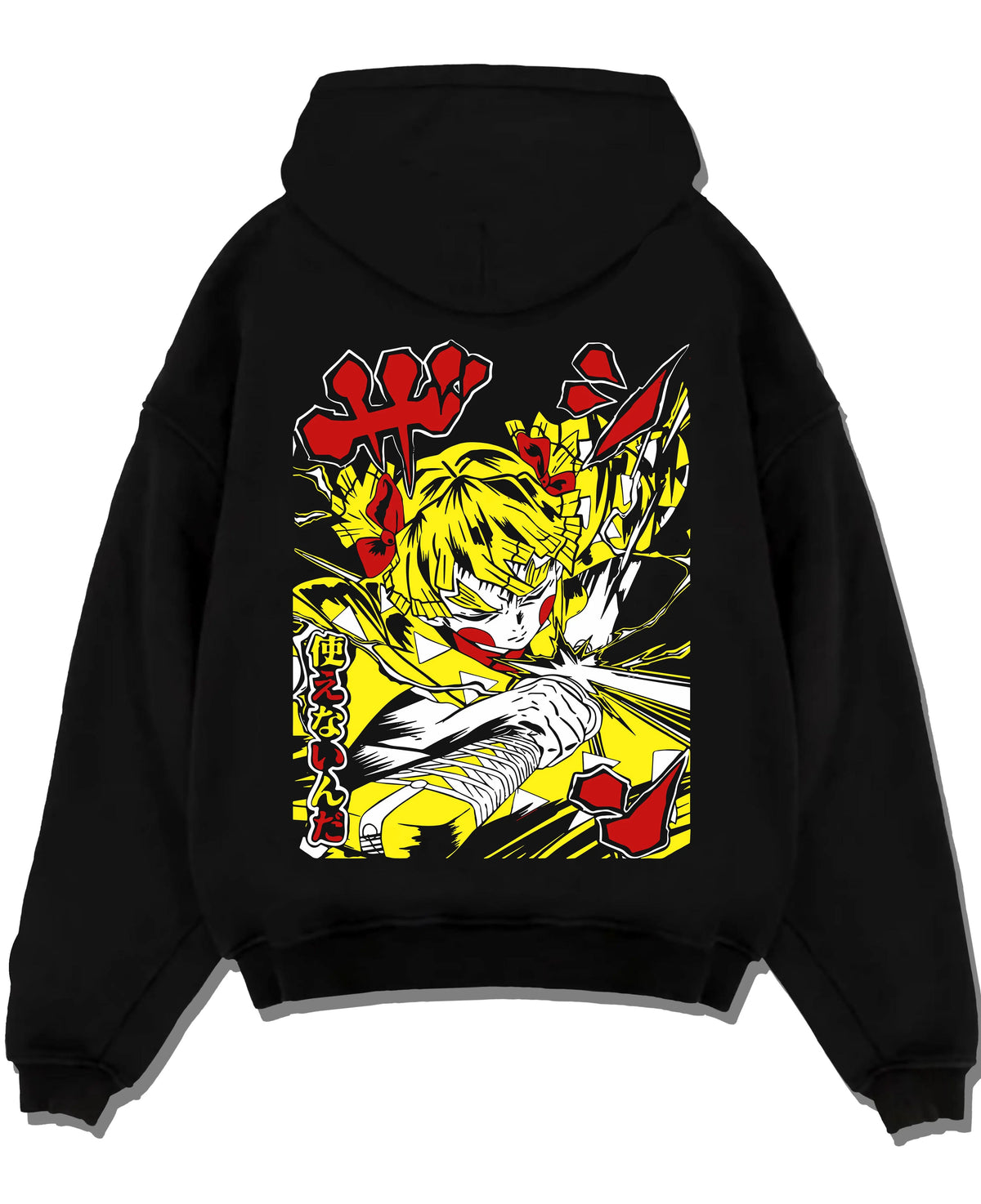 Black hoodie laid flat featuring Zenitsu Agatsuma yellow lightning Demon Slayer artwork.