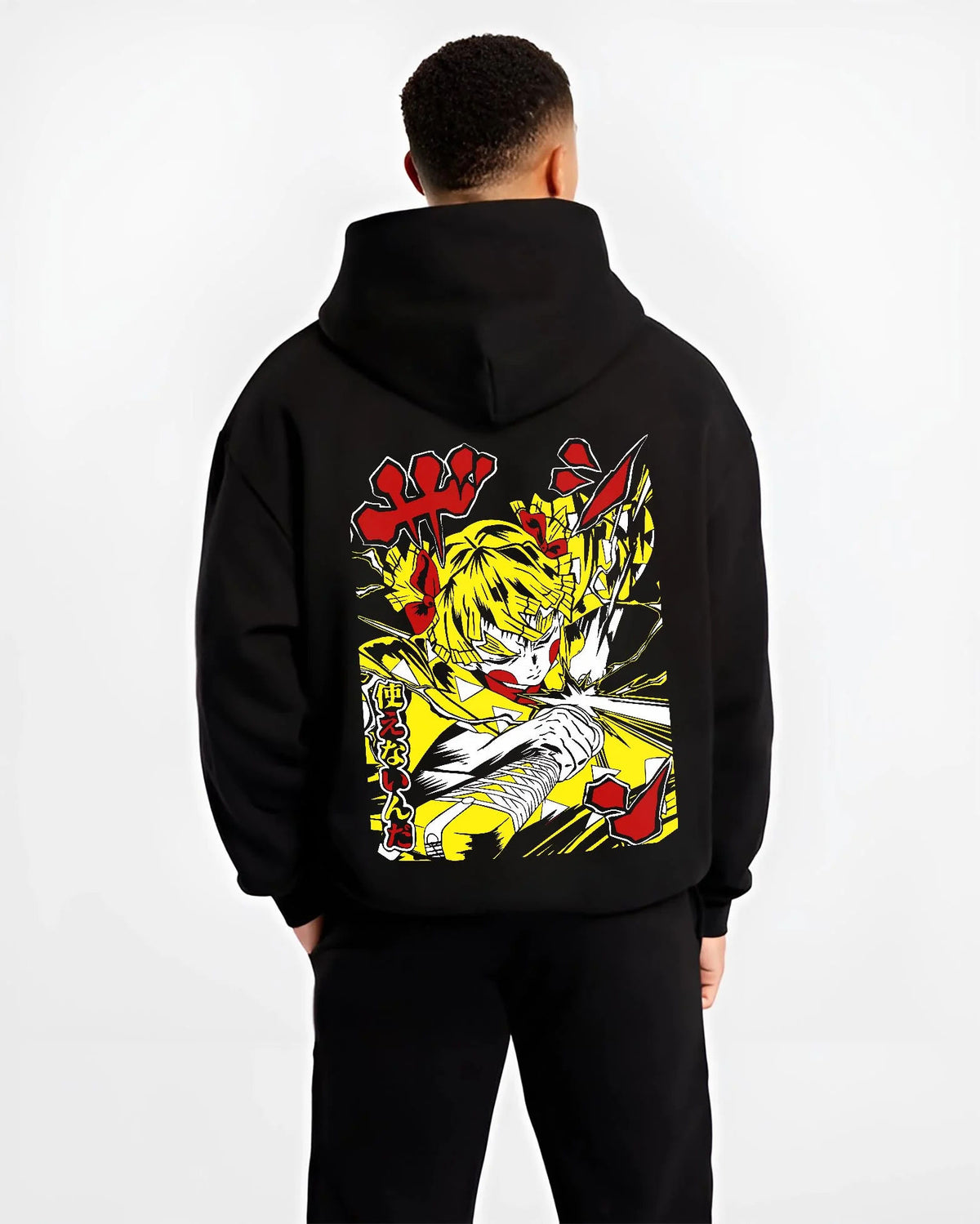 Black hoodie worn by male model from the back featuring Zenitsu Agatsuma yellow lightning Demon Slayer artwork.