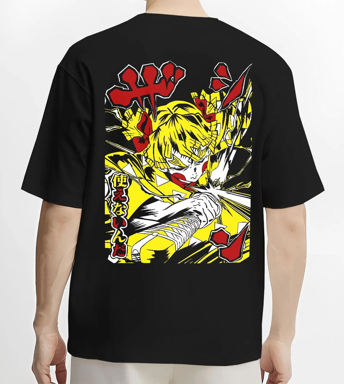 Black T-shirt worn by male model from the back featuring Zenitsu Agatsuma yellow lightning Demon Slayer artwork.