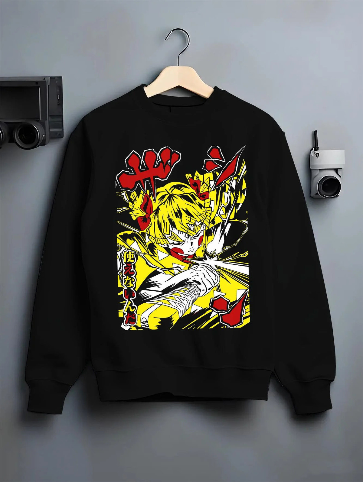 Black crewneck sweatshirt on hanger featuring Zenitsu Agatsuma yellow lightning Demon Slayer artwork.