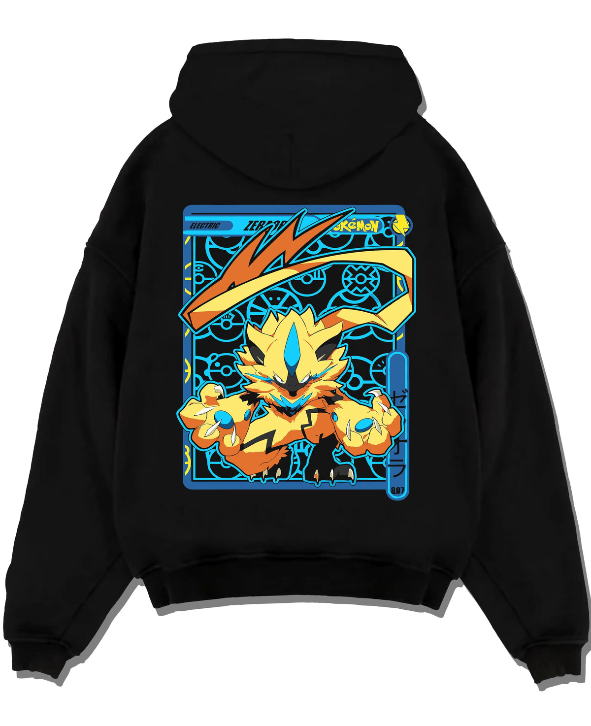Black hoodie laid flat featuring Zeraora Electric Mythical Pokemon artwork.