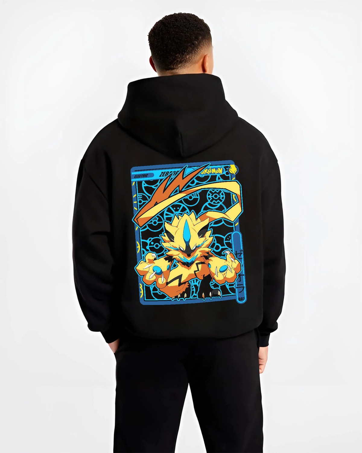 Black hoodie worn by male model from the back featuring Zeraora Electric Mythical Pokemon artwork.