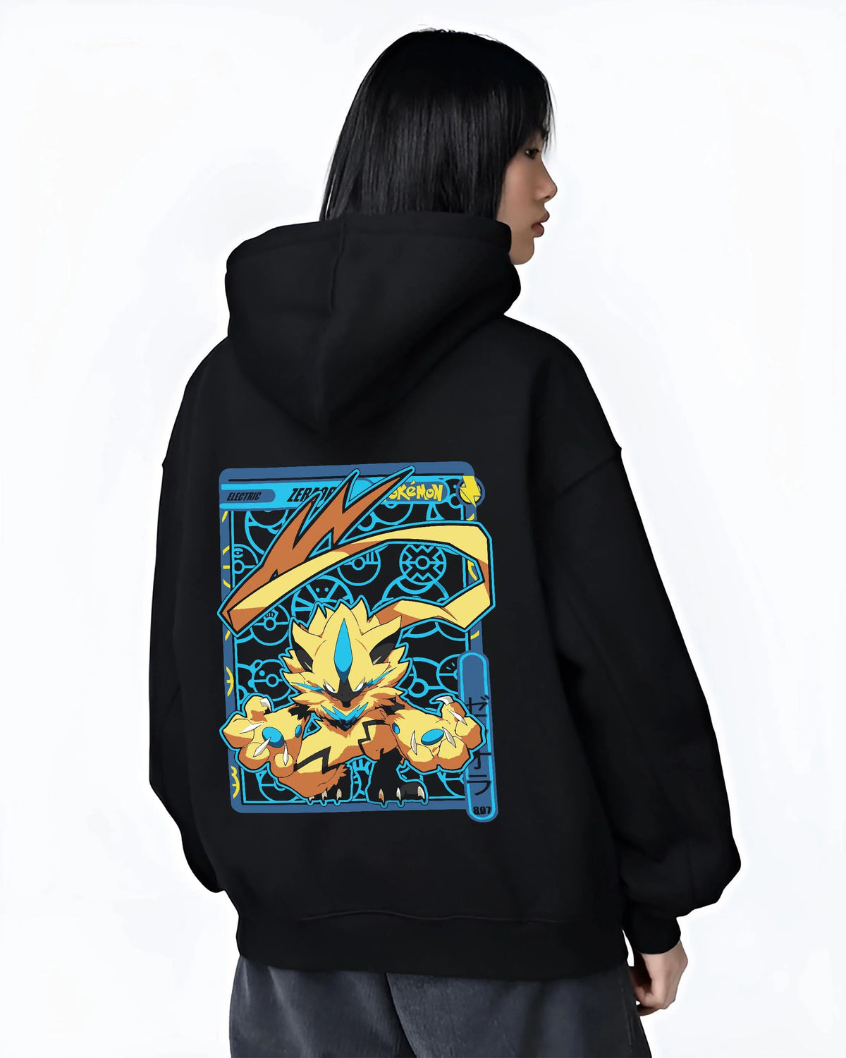 Black hoodie worn by female model from the back featuring Zeraora Electric Mythical Pokemon artwork.