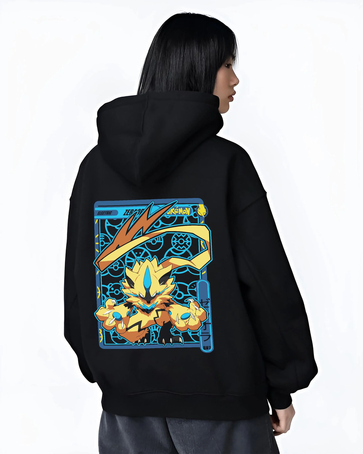 Black hoodie worn by female model from the back featuring Zeraora Electric Mythical Pokemon artwork.
