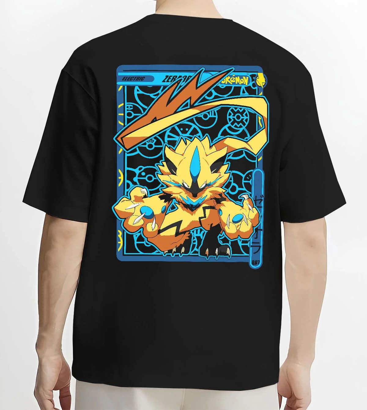 Black T-shirt worn by male model from the back featuring Zeraora Electric Mythical Pokemon artwork.