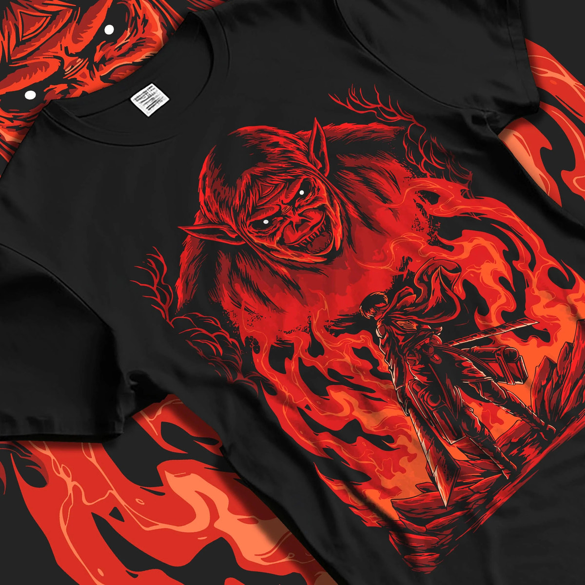 Black T-shirt laid flat with natural folds featuring Zeke Yeager Beast Titan Attack on Titan artwork.