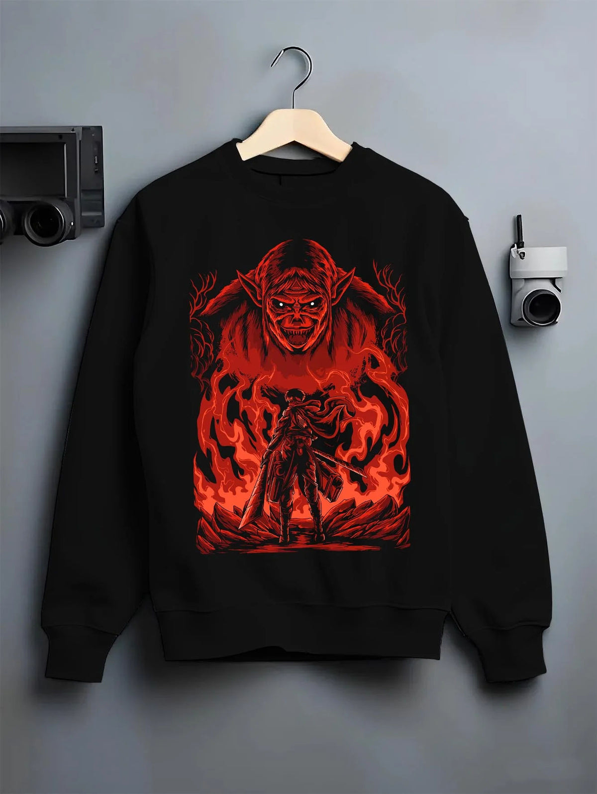 Black crewneck sweatshirt on hanger featuring Zeke Yeager Beast Titan Attack on Titan artwork.