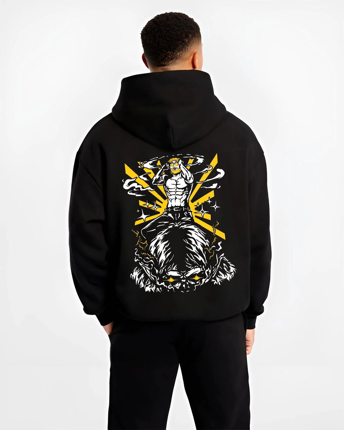 Black hoodie worn by male model from the back featuring Zeke Yeager Beast Titan transformation Attack on Titan artwork.