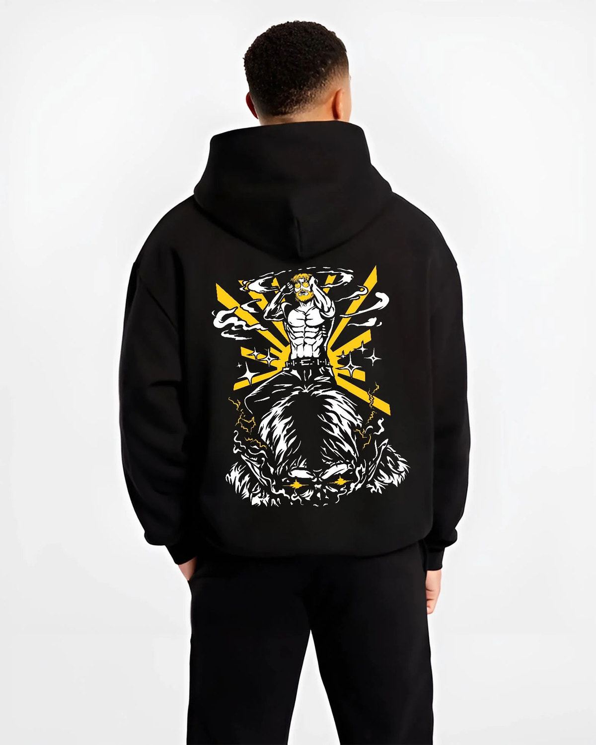 Black hoodie worn by male model from the back featuring Zeke Yeager Beast Titan transformation Attack on Titan artwork.