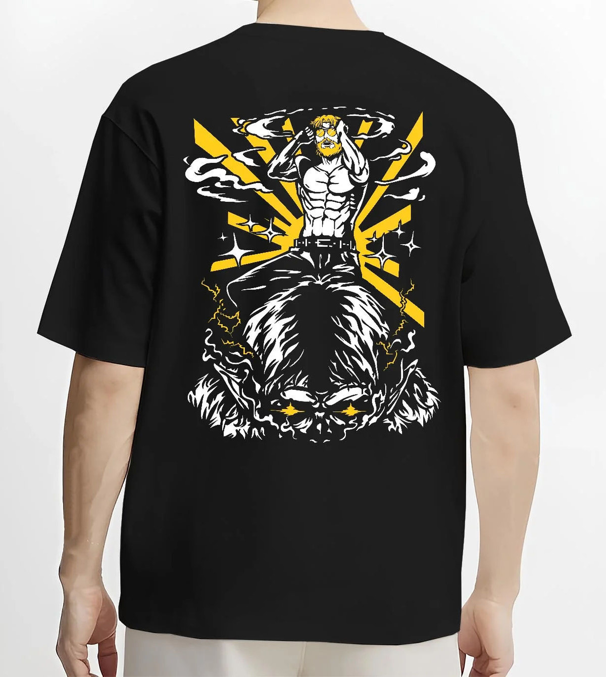 Black T-shirt worn by male model from the back featuring Zeke Yeager Beast Titan transformation Attack on Titan artwork.