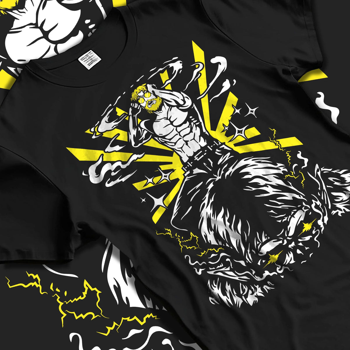 Black T-shirt laid flat with natural folds featuring Zeke Yeager Beast Titan transformation Attack on Titan artwork.