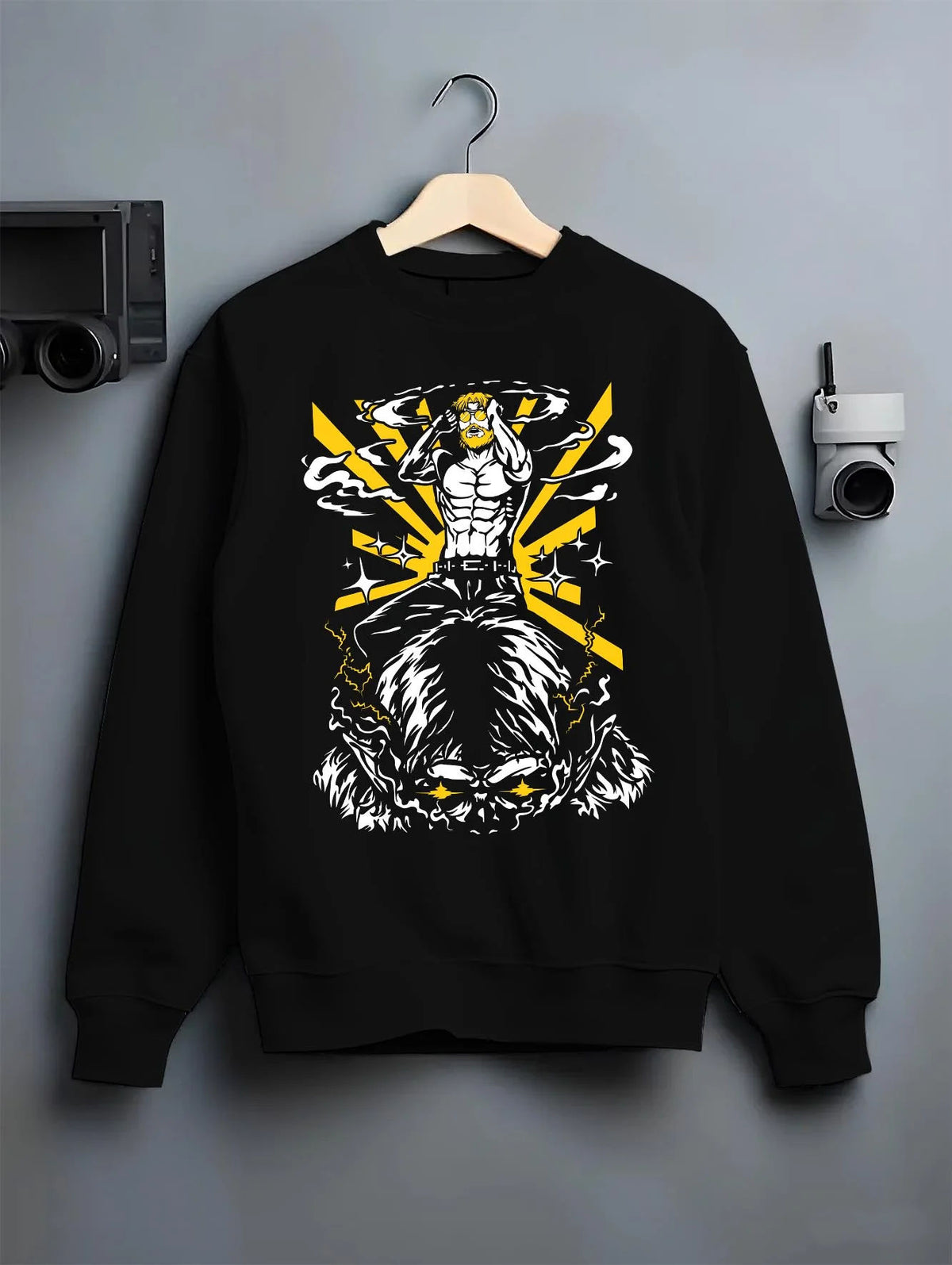 Black crewneck sweatshirt on hanger featuring Zeke Yeager Beast Titan transformation Attack on Titan artwork.