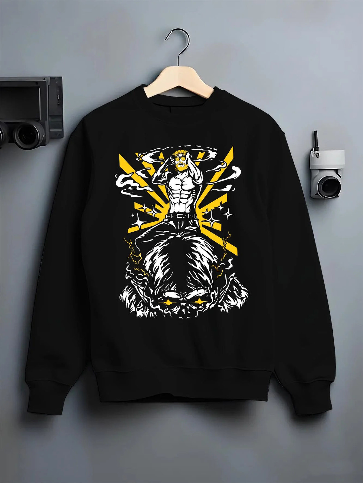 Black crewneck sweatshirt on hanger featuring Zeke Yeager Beast Titan transformation Attack on Titan artwork.