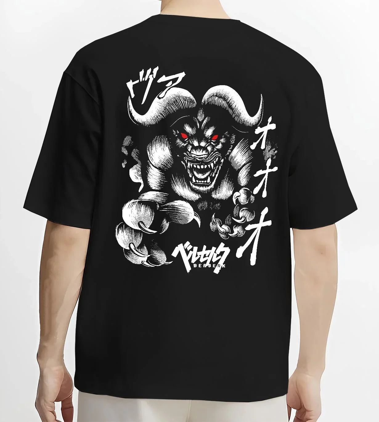 Black T-shirt worn by male model, back view with Zodd Hoodie Berserk Apostle Demon Beast Swordsman graphic streetwear graphic.