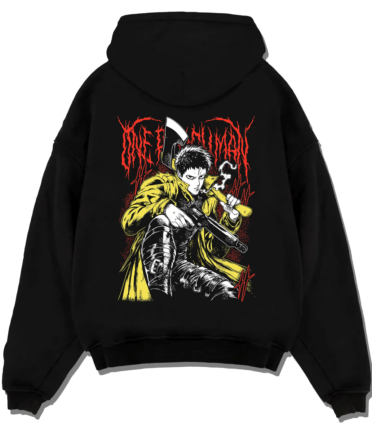 Black hoodie flat back view showing Zombieman from One Punch Man: seated firearm pose