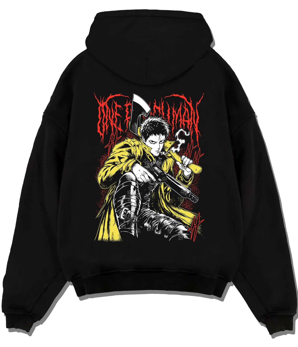 Black hoodie flat back view showing Zombieman from One Punch Man: seated firearm pose