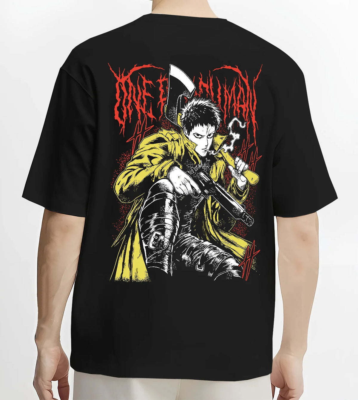 Black T-shirt model back view showing Zombieman from One Punch Man: seated firearm pose
