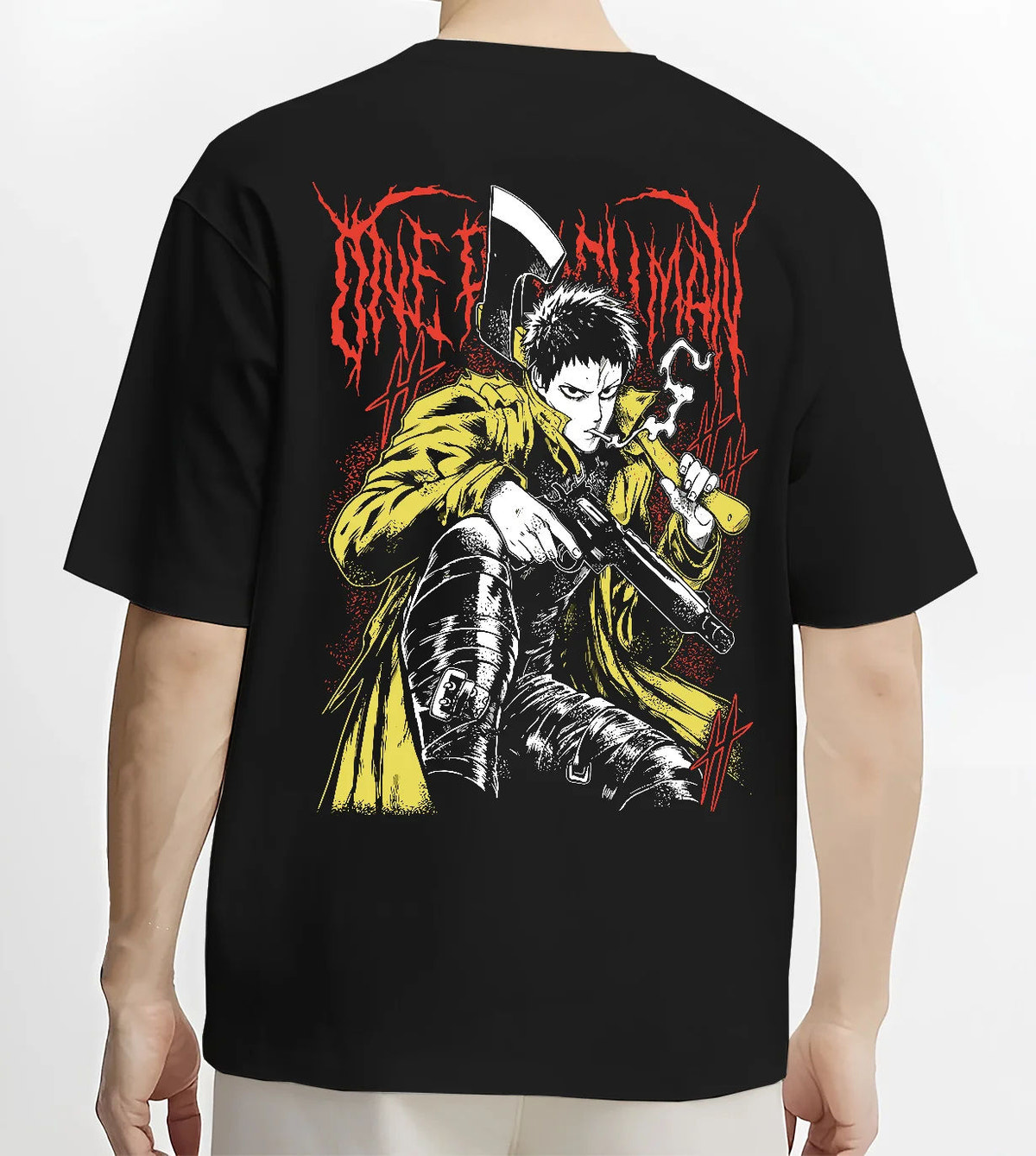 Black T-shirt model back view showing Zombieman from One Punch Man: seated firearm pose