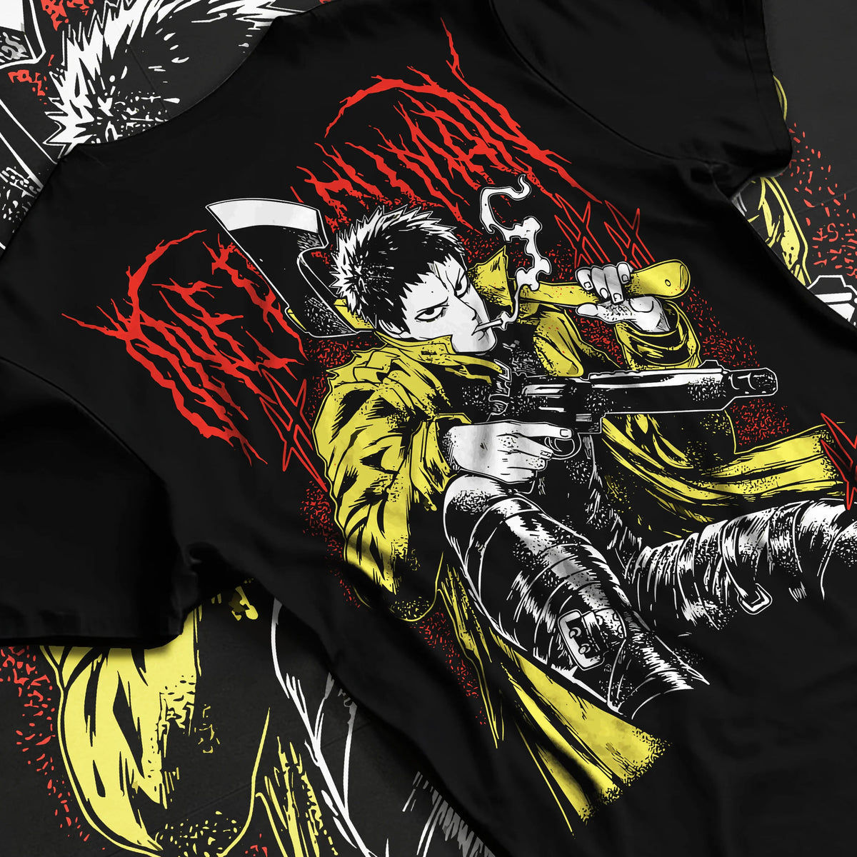Black T-shirt flat back view showing Zombieman from One Punch Man: seated firearm pose