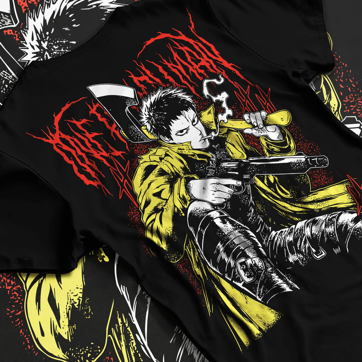 Black T-shirt flat back view showing Zombieman from One Punch Man: seated firearm pose