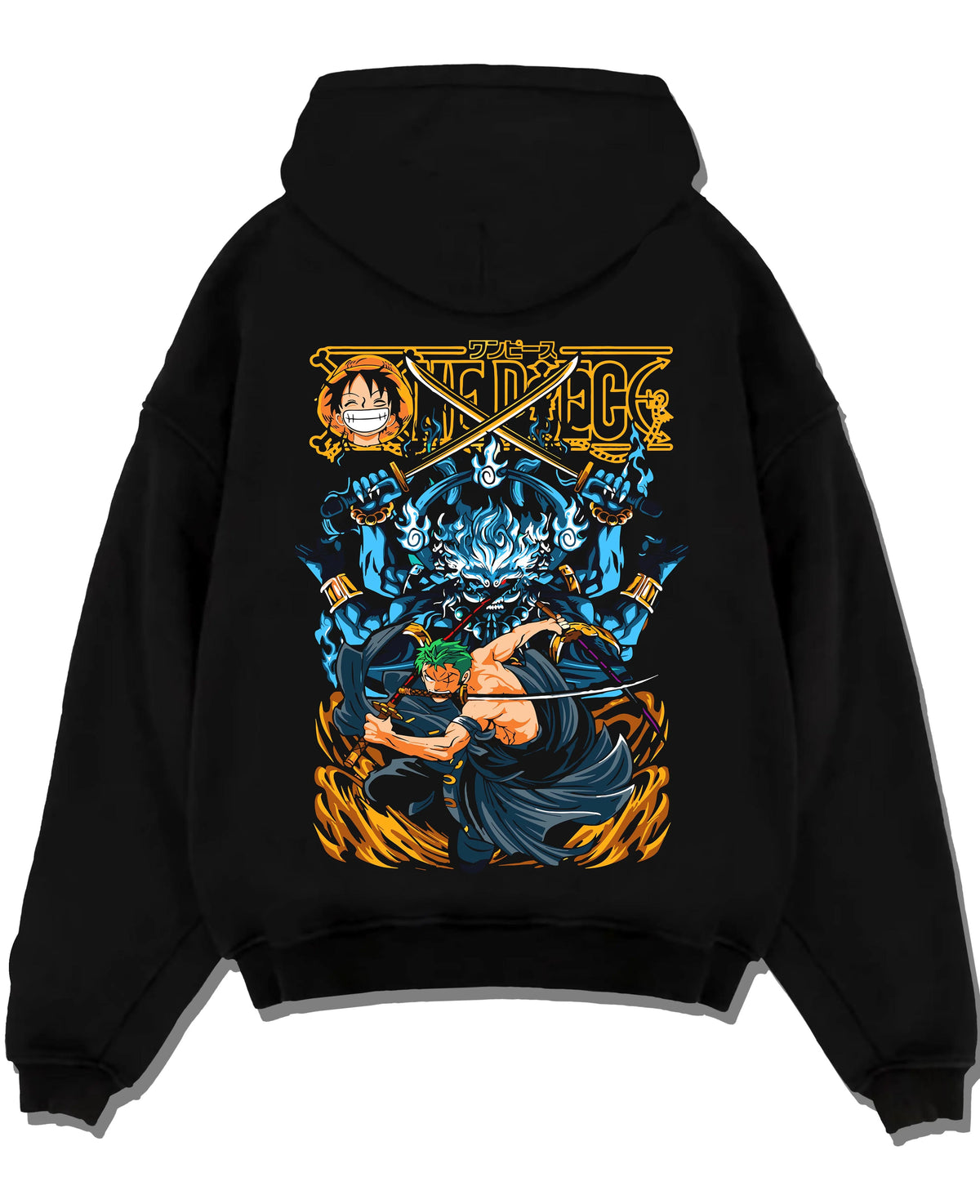 Black hoodie laid flat featuring Roronoa Zoro Three Sword Style One Piece artwork.