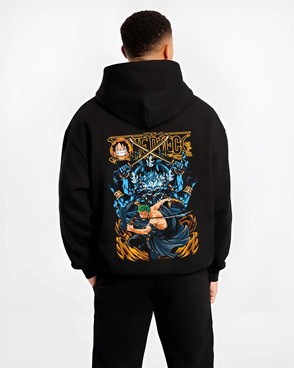 Black hoodie worn by male model from the back featuring Roronoa Zoro Three Sword Style One Piece artwork.