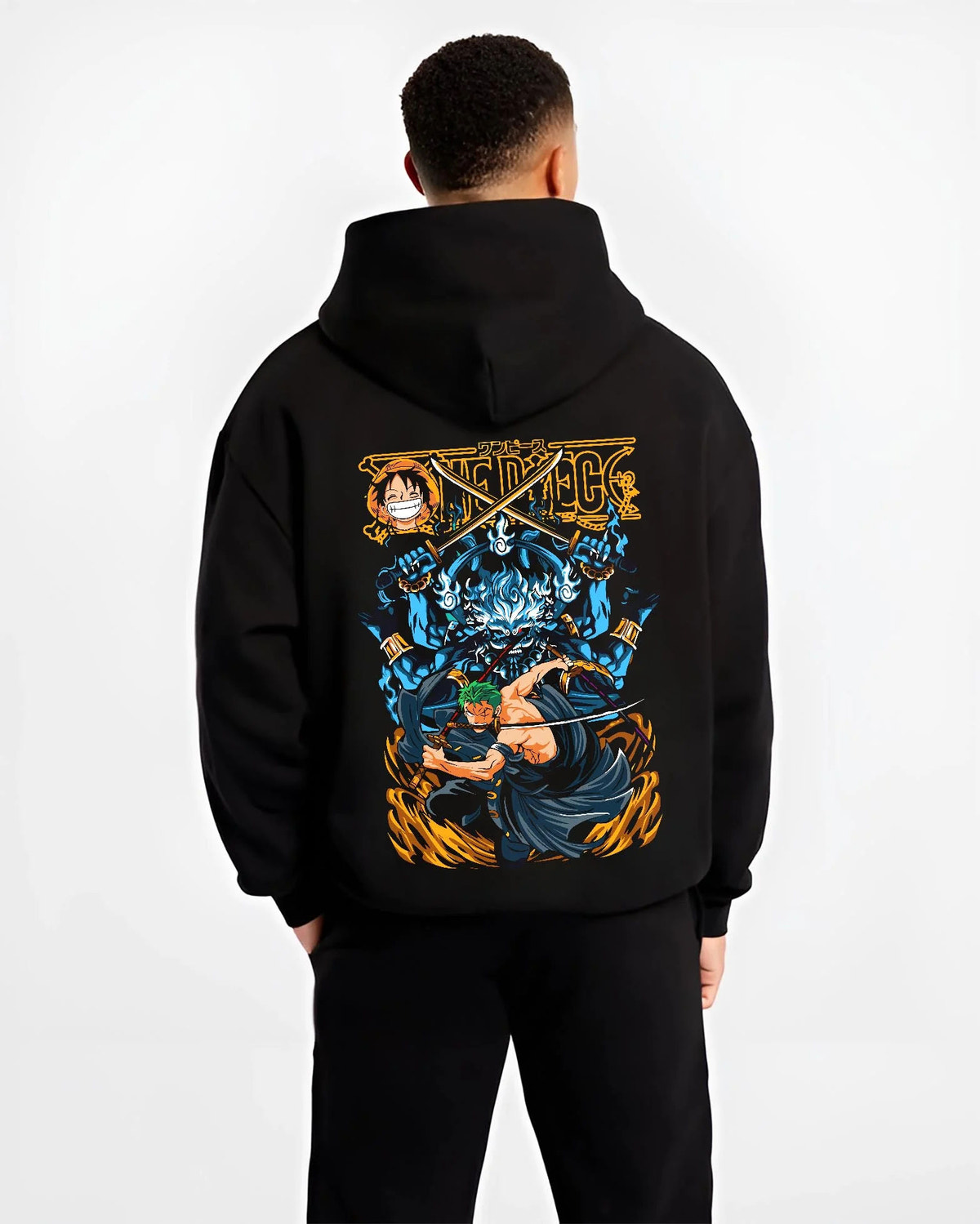 Black hoodie worn by male model from the back featuring Roronoa Zoro Three Sword Style One Piece artwork.