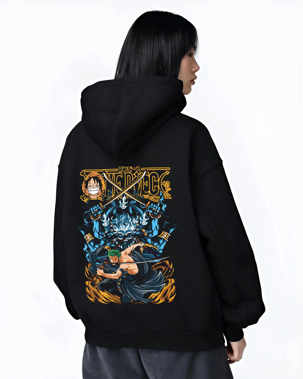 Black hoodie worn by female model from the back featuring Roronoa Zoro Three Sword Style One Piece artwork.