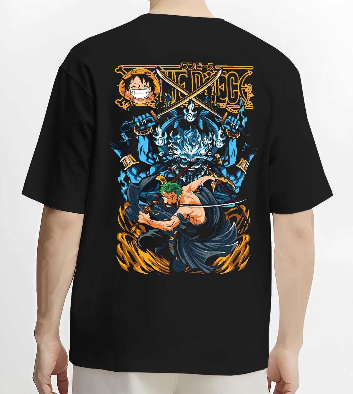 Black T-shirt worn by male model from the back featuring Roronoa Zoro Three Sword Style One Piece artwork.
