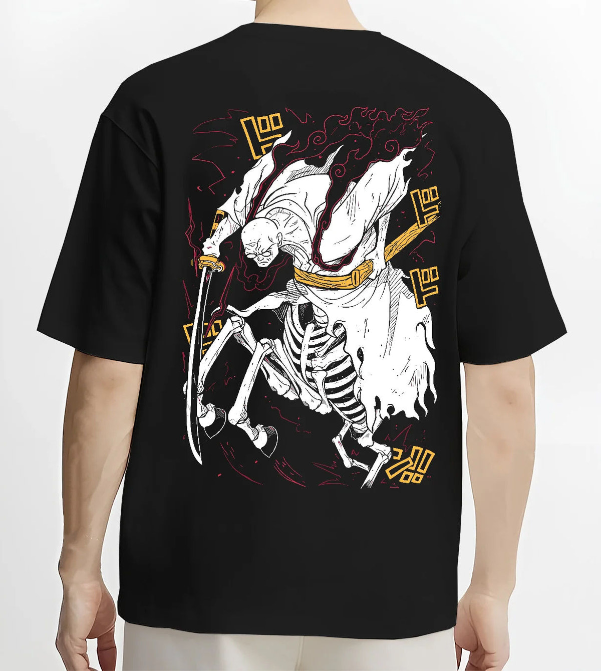 Black T-shirt model back view with Stylised skeleton swordsman with three swords from One Piece illustrated back graphic