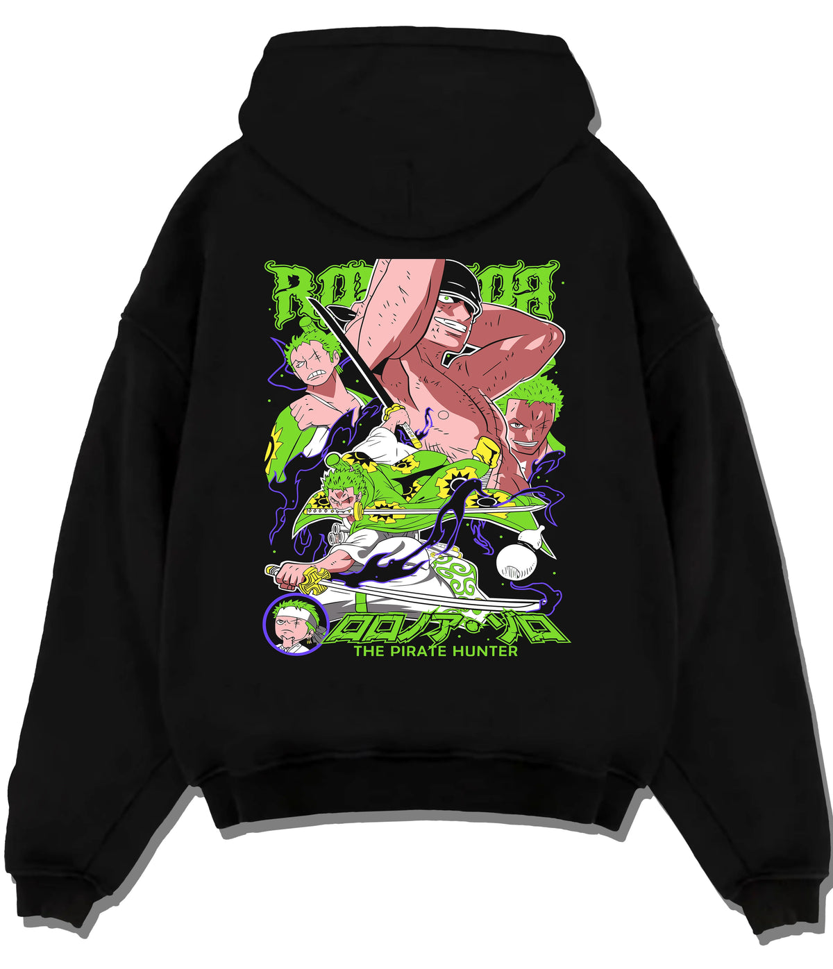 Black hoodie flat back view showing Roronoa Zoro from One Piece: green-haired swordsman composition