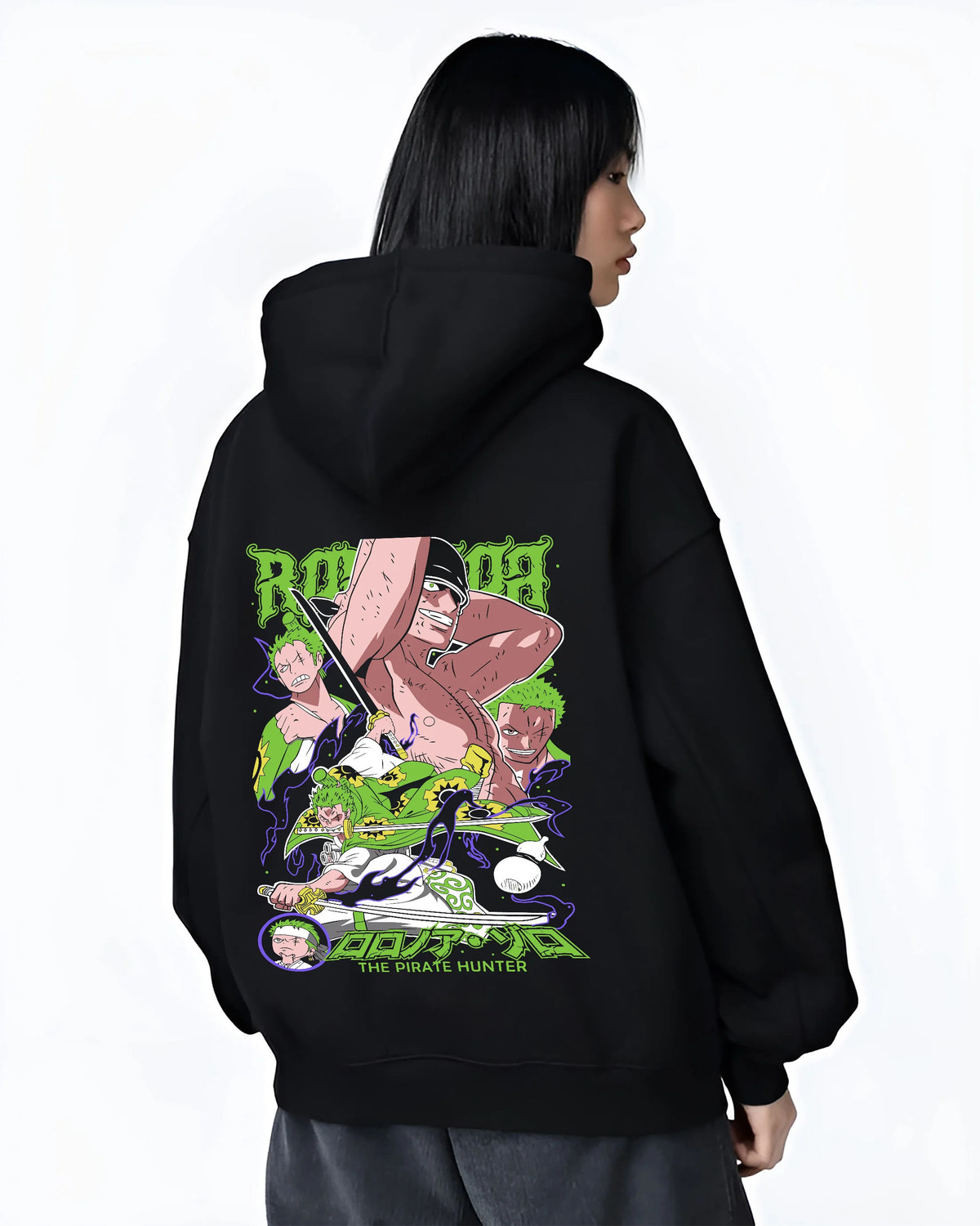 Black hoodie female model back view showing Roronoa Zoro from One Piece: green-haired swordsman composition