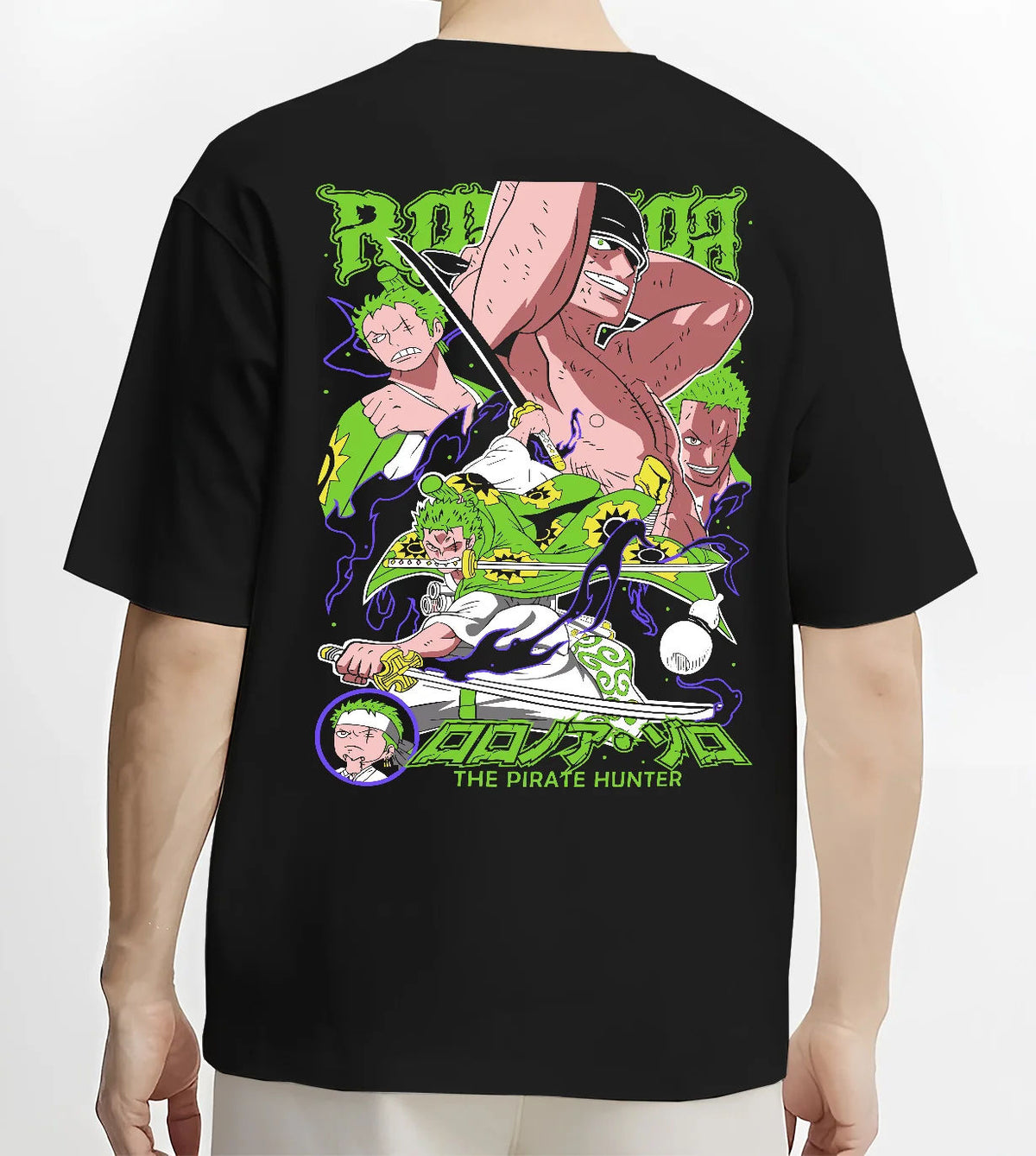 Black T-shirt model back view showing Roronoa Zoro from One Piece: green-haired swordsman composition