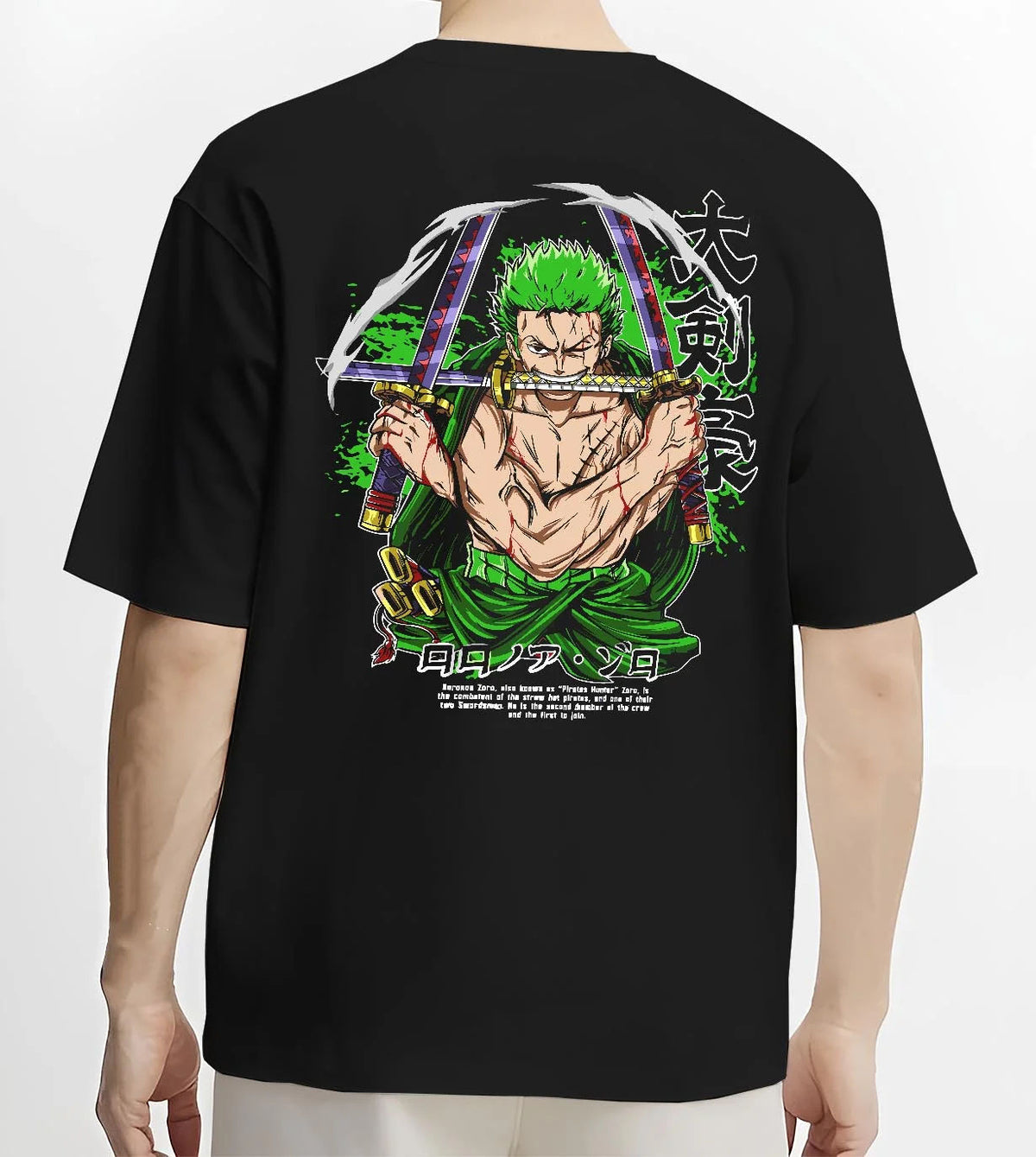 Black T-shirt worn by male model from the back featuring Roronoa Zoro bandana Three Sword Style One Piece artwork.