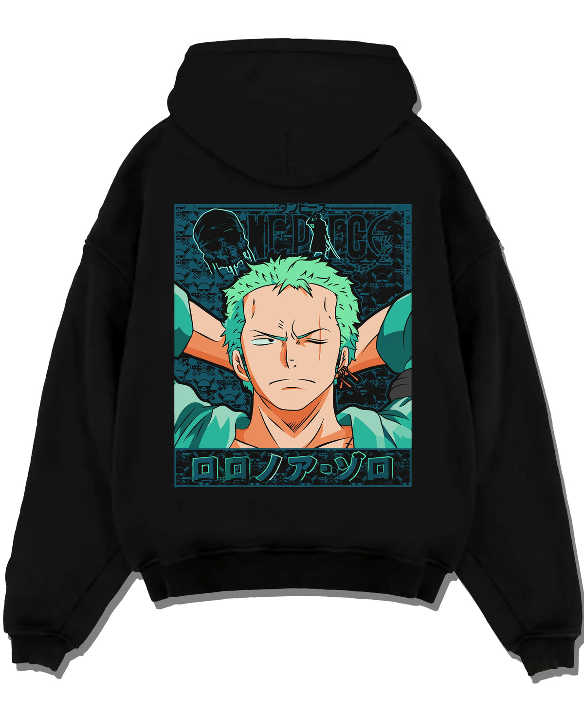 Black hoodie laid flat featuring Roronoa Zoro green hair swordsman One Piece artwork.