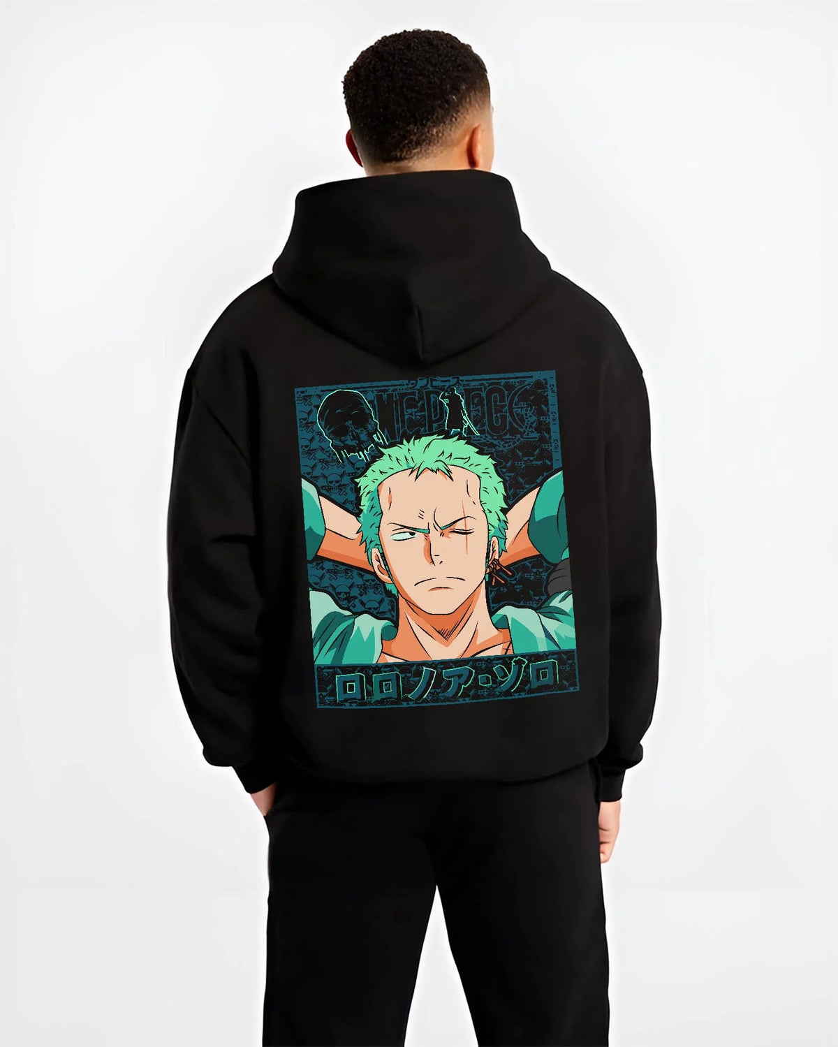 Black hoodie worn by male model from the back featuring Roronoa Zoro green hair swordsman One Piece artwork.