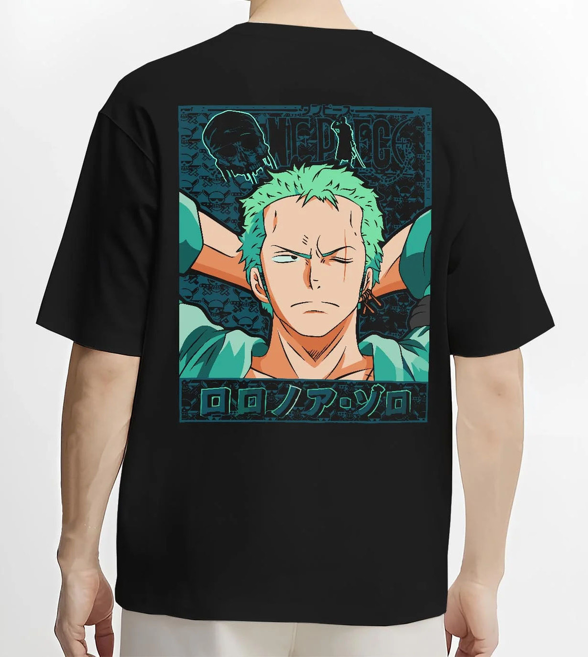 Black T-shirt worn by male model from the back featuring Roronoa Zoro green hair swordsman One Piece artwork.