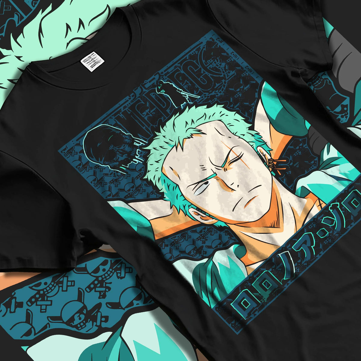 Black T-shirt laid flat with natural folds featuring Roronoa Zoro green hair swordsman One Piece artwork.