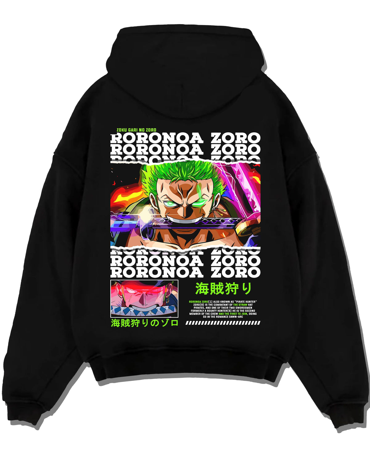 Black hoodie laid flat featuring Roronoa Zoro Pirate Hunter One Piece artwork.