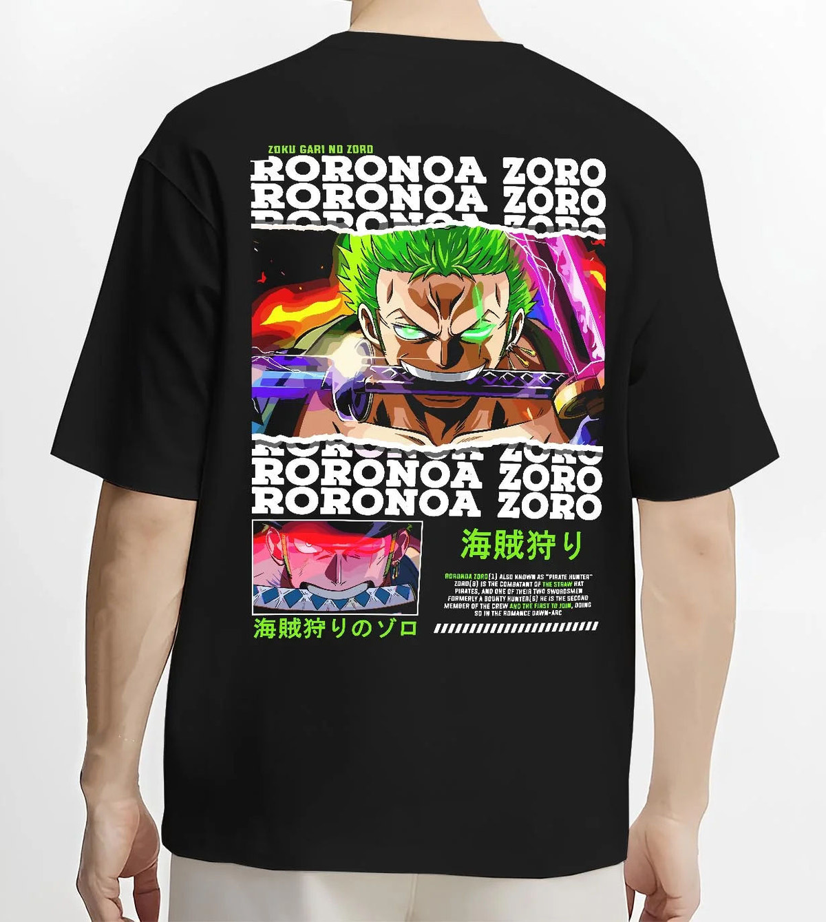 Black T-shirt worn by male model from the back featuring Roronoa Zoro Pirate Hunter One Piece artwork.