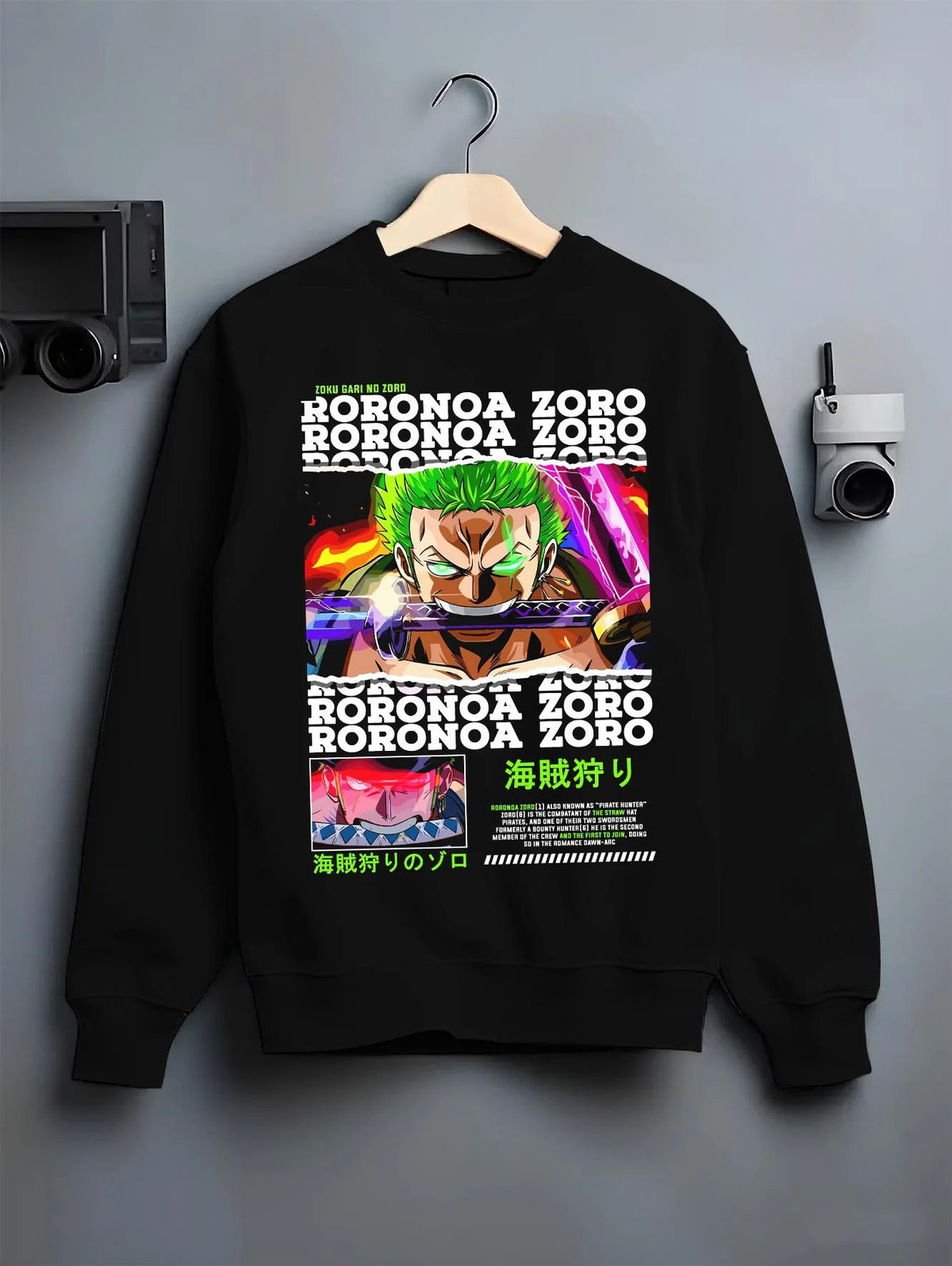 Black crewneck sweatshirt on hanger featuring Roronoa Zoro Pirate Hunter One Piece artwork.