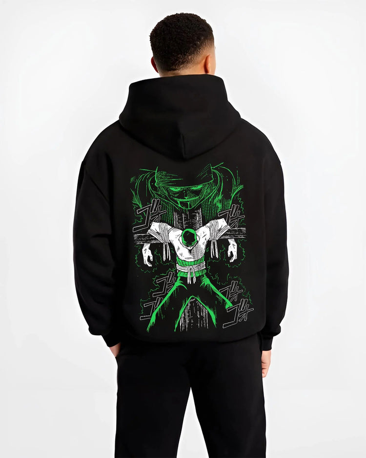 Black hoodie worn by male model from the back featuring Roronoa Zoro swordsman portrait One Piece artwork.