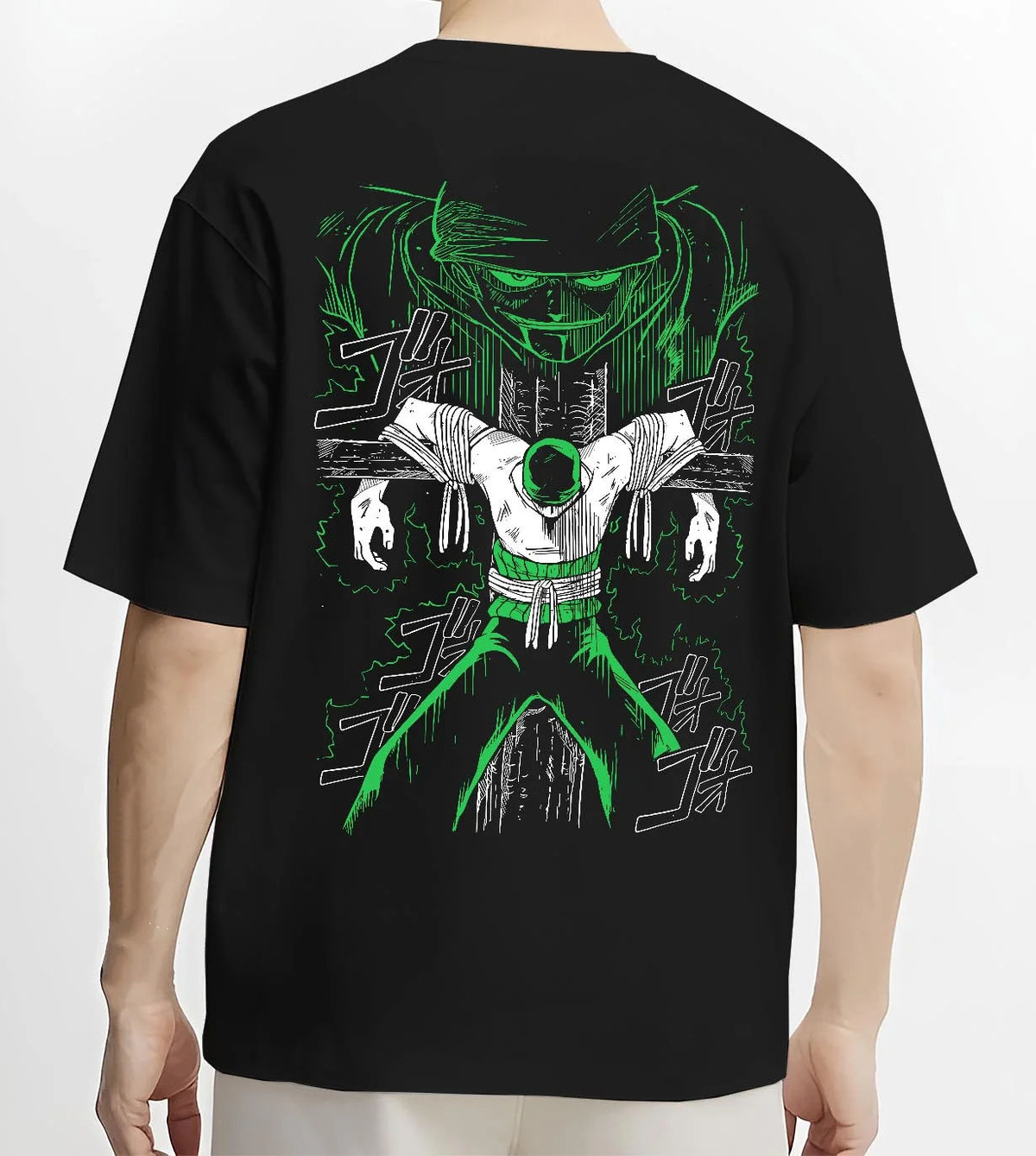 Black T-shirt worn by male model from the back featuring Roronoa Zoro swordsman portrait One Piece artwork.