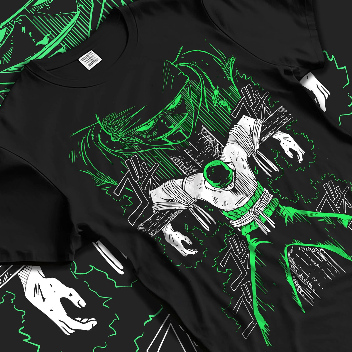 Black T-shirt laid flat with natural folds featuring Roronoa Zoro swordsman portrait One Piece artwork.